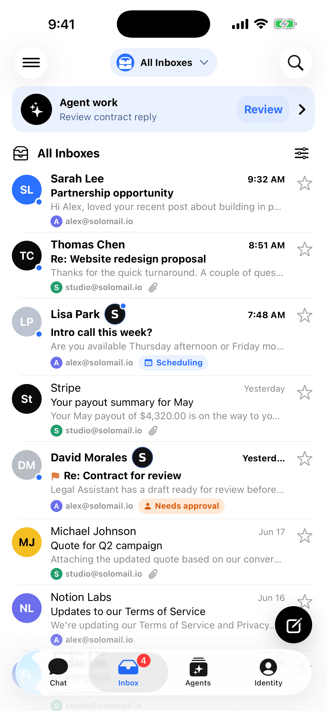 The Solo Work workspace: agents triaging email, with items that need you surfaced at the top